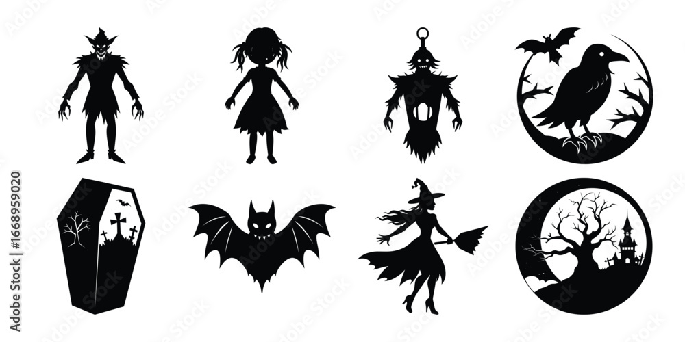 Fototapeta premium Spooky Halloween Silhouette Collection of Classic Horror Icons and Creatures