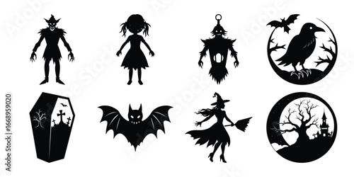 Spooky Halloween Silhouette Collection of Classic Horror Icons and Creatures