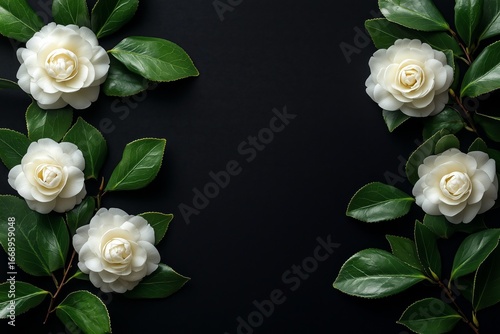 Elegant Camellia Flowers Arranged With Green Leaves on a Dark Background