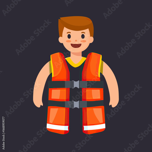 Smiling boy wearing bright orange life vest with black buckles flat style safety equipment for water activities illustration on dark background