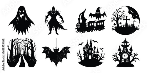 Halloween Silhouette Collection Spooky Ghost Monster Train Graveyard Forest Bat Castle Clock Tower