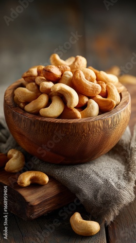 Cashew Nuts in a Wooden Bowl on a Rustic Table During Late Afternoon Light