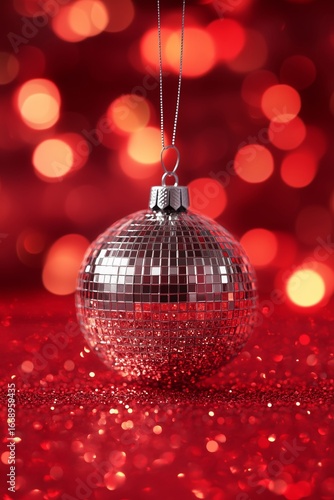 Sparkling Silver Ornament Shines on a Festive Red Background During Holiday S...