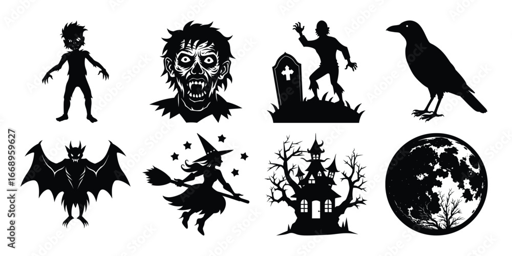 Fototapeta premium Halloween Silhouette Collection Spooky Icons for Creepy Designs and Festive Decorations