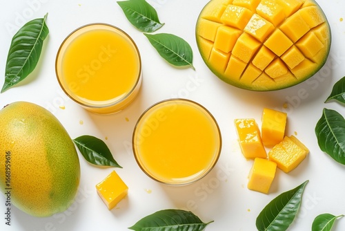 Fresh Mango Juice and Sliced Mangoes Arranged With Green Leaves on a White Ba...
