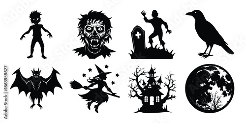 Halloween Silhouette Collection Spooky Icons for Creepy Designs and Festive Decorations