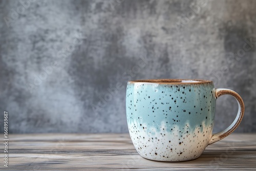 Beautiful Speckled Mug on Wooden Table Against Soft Blue Background Showcasin...