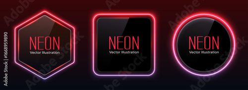 Glowing Red Neon Shapes – Realistic Vector Illustration of Circle, Square, and Hexagon Neon Frames with Light Effect for Modern Banner, UI, Web, and Digital Design