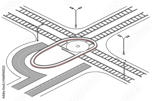 Minimalist vector city map with isometric roads, train tracks, and lamps