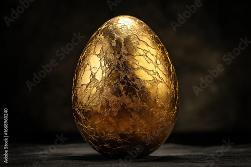 Golden Egg Resting on a Dark Surface, Showcasing Its Shiny and Textured Finish.