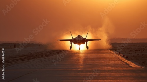 Stealth fighter jet taking off from desert airbase at dusk with glowing afterburners.