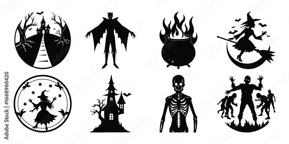 Fototapeta premium Halloween Silhouette Vector Set with Spooky Characters and Elements for Design