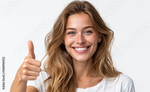 Wallpaper Mural Portrait of a smiling young woman giving a thumbs up, conveying positivity and success, suitable for promoting happiness and approval. Torontodigital.ca