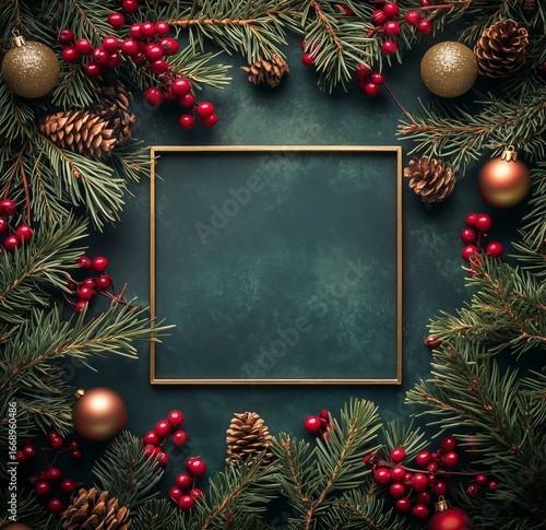 Festive Holiday Decoration Featuring Evergreen Branches and Ornaments on a Da...