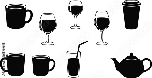 Collection of coffee cups, tea pot, wine glasses, drink glasses, beverage icons, cafe drink vector, flat silhouette illustration