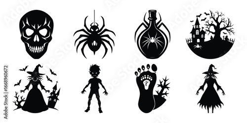 Halloween Silhouettes Spooky Skull Spider Haunted House Witch Zombie and Footprint Designs