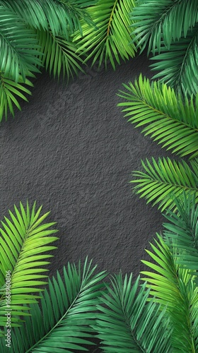 Vibrant Green Palm Leaves Arranged Around a Textured Gray Surface