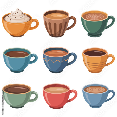 Tea coffee mugs crockery kitchen utensils isolated vector illustration on white background