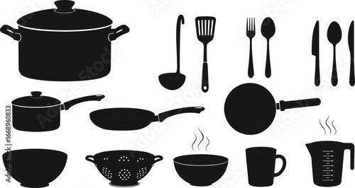 Kitchen utensil silhouettes, cookware icons, black vector set, food prep tools, CAD drawing, flat illustration, culinary equipment, stock image