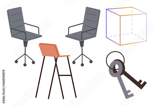 Office chairs, orange bar stool, cube outline, and two vintage keys combine to evoke creativity, security, and structure. Ideal for office, business, design innovation ownership teamwork simple