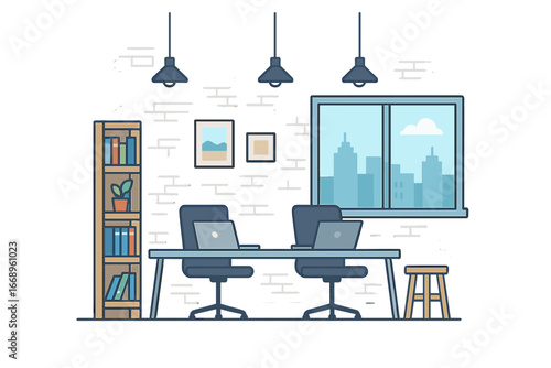 Illustration of a shared office environment, depicting a collaborative workspace and innovative hub