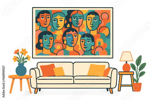 Abstract face portraits comprising shapes and doodles, presented as decorative hand-drawn vector illustrations for wall art, embodying a cubist aesthetic in male and female designs suitable for