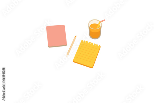 Sitting at a cafe with a notebook, pencil, glass of orange juice, and smartphone on the table surrounded by chairs, simply hanging out
