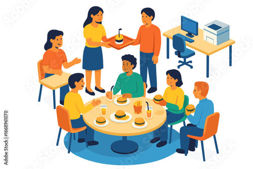 Isometric vector illustration of business people on a coffee break, having a business breakfast with coffee and food