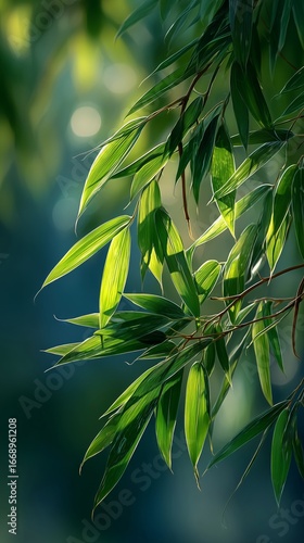 Beautiful Green Bamboo Leaves Glistening With Morning Dew in a Tranquil Fores...