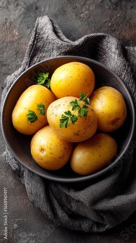Freshly Harvested Yellow Potatoes Arranged in a Black Bowl With Green Herbs o...