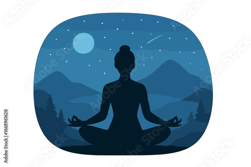 A serene silhouette of a woman meditating under the starry night sky in a mountainous landscape is depicted in this vector illustration