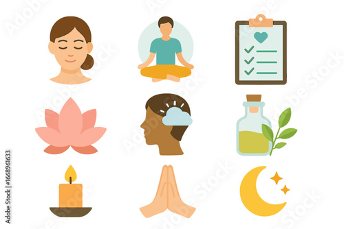 A set of symbolic images conveying the ideas of wellness, mindfulness, and self-care