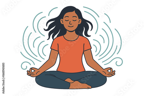 A serene figure sits in lotus pose, enveloped by soothing curves that convey peacefulness
