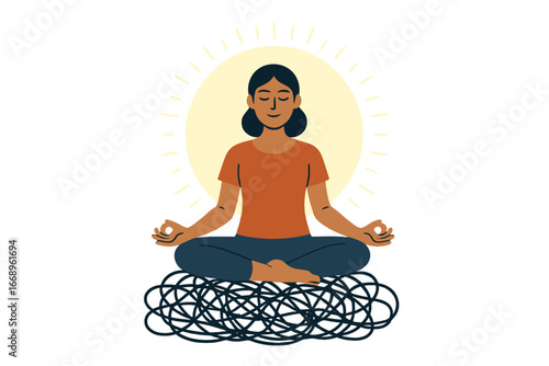 A serene figure sits in a lotus pose amidst vibrant, swirling patterns, embodying inner peace and calm amidst turmoil