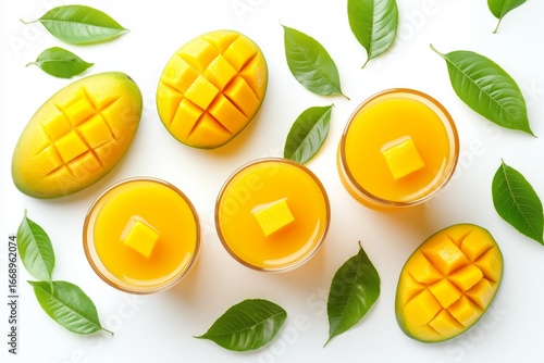 Refreshing Mango Juice Served in Clear Glasses With Fresh Mango and Leaves Ne...