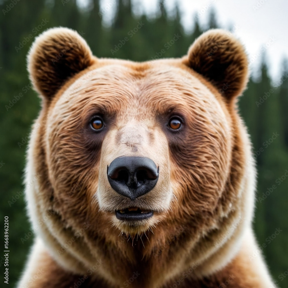 Obraz premium Majestic bear gazes curiously in the lush forest at dawn
