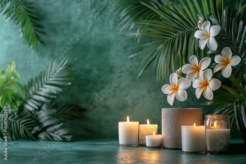 Relaxing Candles Surrounded by Tropical Flowers and Greenery Create a Serene ...