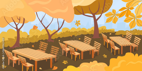 Autumn outdoor beer garden with wooden tables and chairs among falling leaves and colorful trees in warm seasonal setting for festival or cafe design