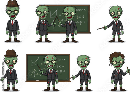Cartoon zombie math teachers in classroom, funny undead educators with chalkboards, humorous school illustration, teaching vector art for educational stock design