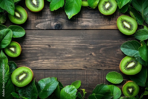 Fresh Kiwi Slices Surrounded by Vibrant Green Leaves on Rustic Wooden Surface