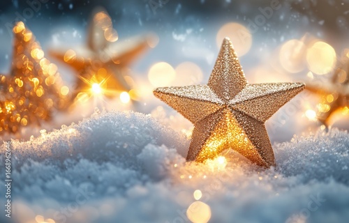 Glittering Golden Stars Resting on Snow With Warm Lights in a Winter Wonderla...