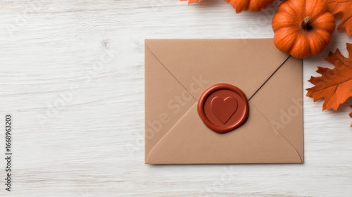 A warm, autumn-themed scene featuring a sealed envelope with a heart-shaped wax seal, surrounded by pumpkins and colorful leaves.