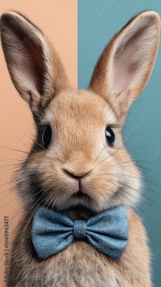 Obraz premium Cute Rabbit Wearing a Blue Bow Tie Against a Pastel Background in a Playful Mood