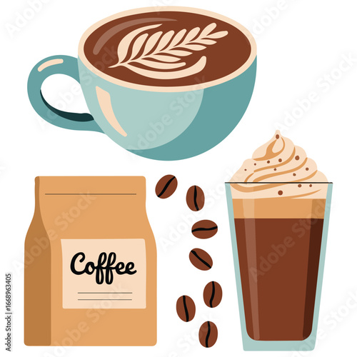 Coffee items set icons website cup grinder beans isolated vector illustration on white background