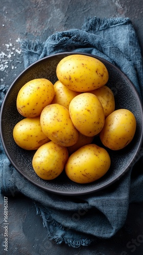 Freshly Harvested Yellow Potatoes Arranged in a Black Bowl With Green Herbs o...