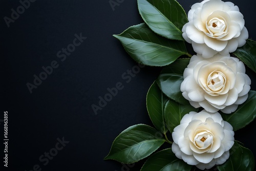 Beautiful White Camellia Flowers Arranged on Dark Background With Green Leaves