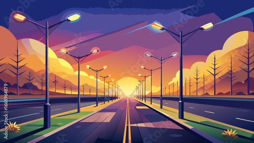 LED streetlights cast golden glow along quiet road beneath twilight sky, blending technology with serenity, while fading daylight embraces calm horizon, creating a peaceful urban landscape infused wit
