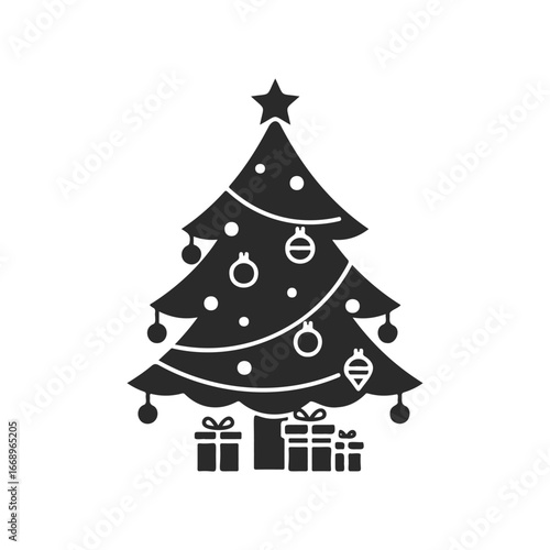 Silhouette of decorated christmas tree with ornaments and gifts