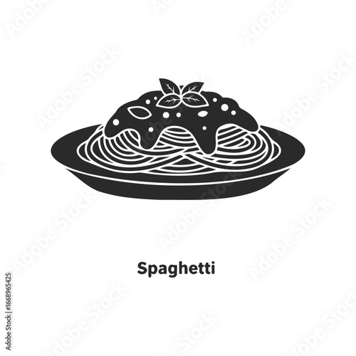 Silhouette of spaghetti pasta with tomato sauce and basil leaves on plate