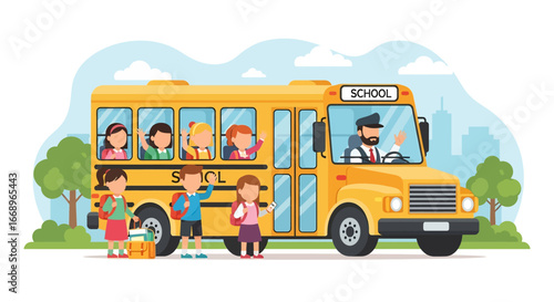 flat style vector illustration of children boarding a yellow school bus with a driver greeting them, symbolizing education, student transportation, childhood routine, and safe travel to school